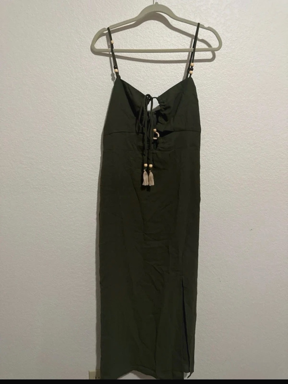 Olive Green Spaghetti Strap Maxi Dress with Tassel Tie